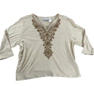 Alfred Dunner Blouse Women's XL Beige Long Sleeve Logo V Neck